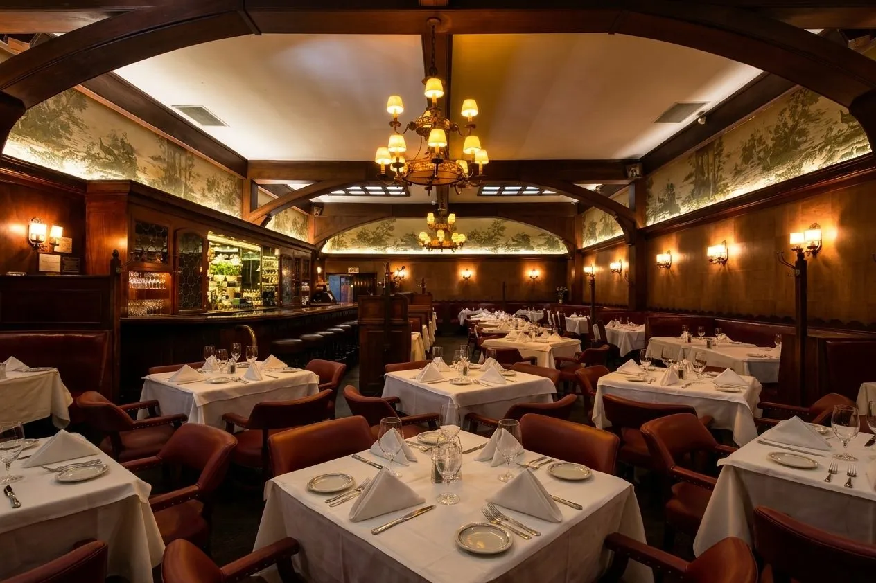 Dim old-school restaurant booth with warm lamps and polished wood in Los Angeles