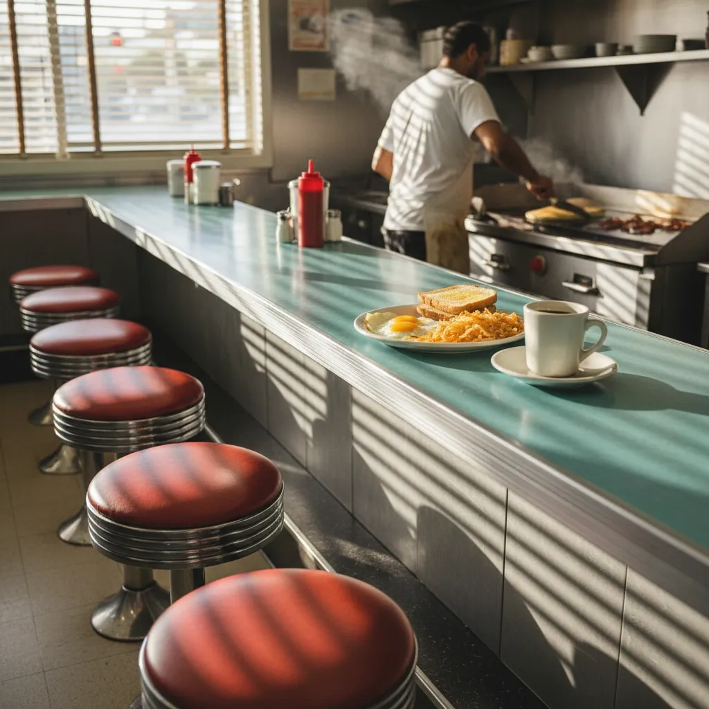 Chrome-trimmed diner counter in Miami with vintage swivel stools, fried eggs with hash browns, and coffee in a thick white mug in morning light