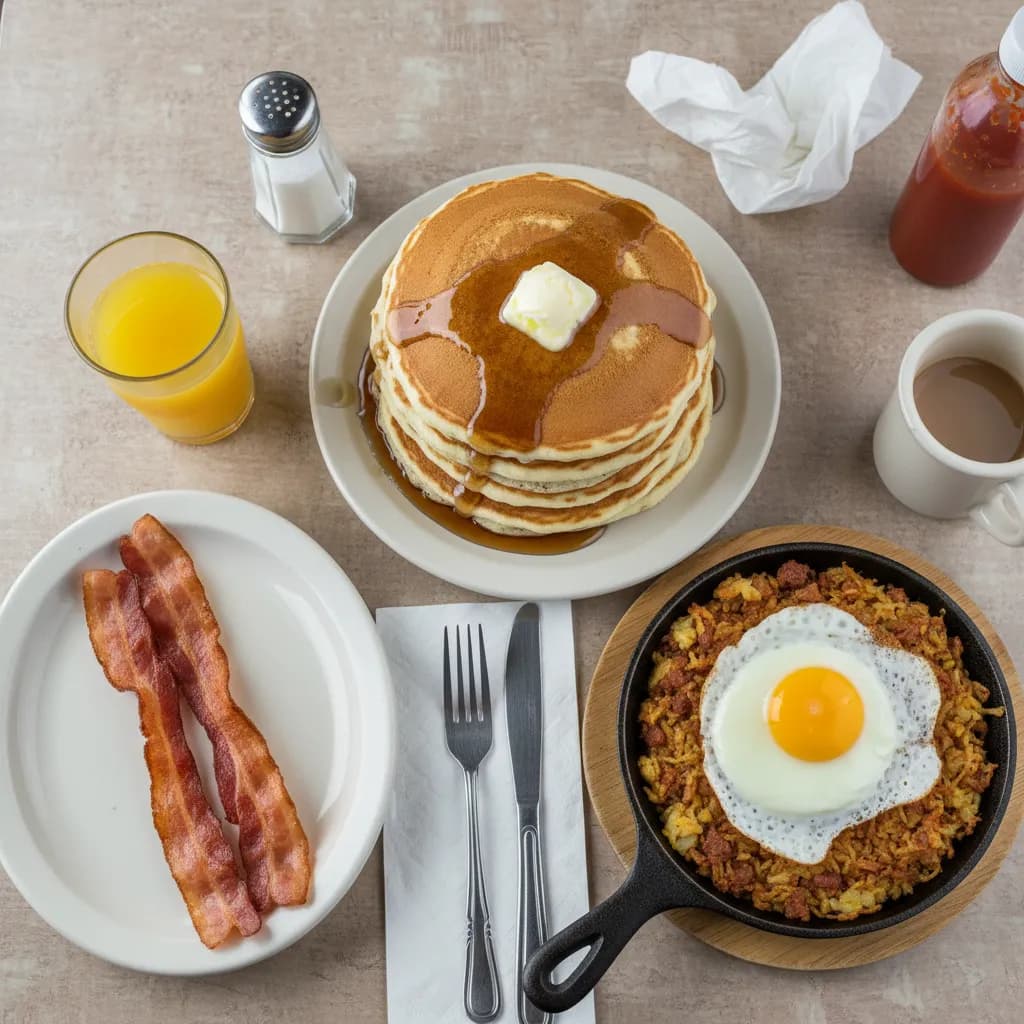 Overhead view of a diner breakfast spread with thick pancakes, bacon, corned beef hash topped with a fried egg, and orange juice on a laminate table