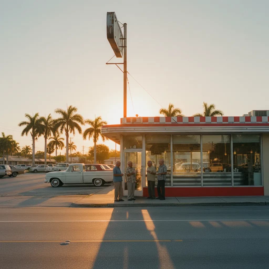 Vintage roadside diner exterior in suburban Miami at early morning golden hour with palm trees and regulars chatting by the door