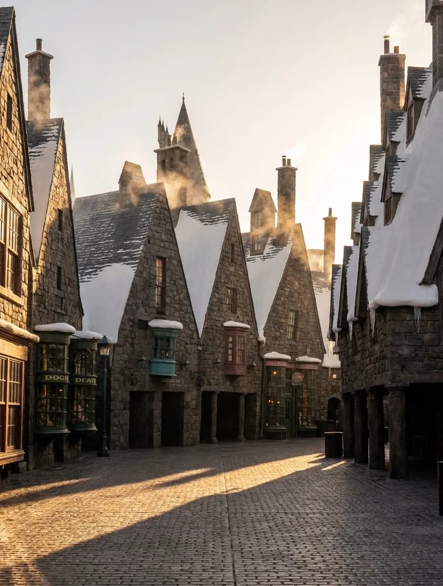 Hogsmeade village storefronts with snow-dusted roofs and crooked architecture at Universal Studios Hollywood