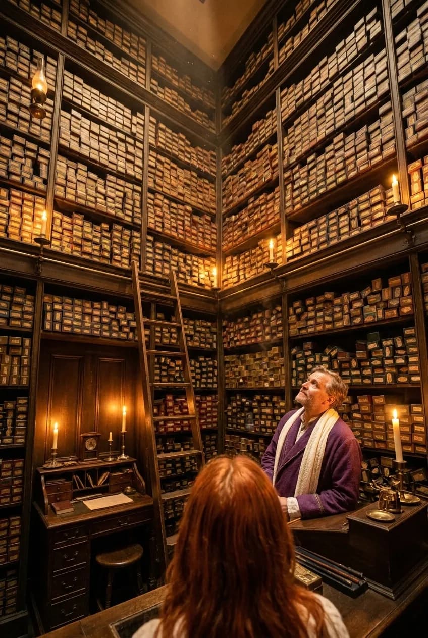 Stacked wand boxes lining the walls inside Ollivanders wand shop with dim ambient lighting