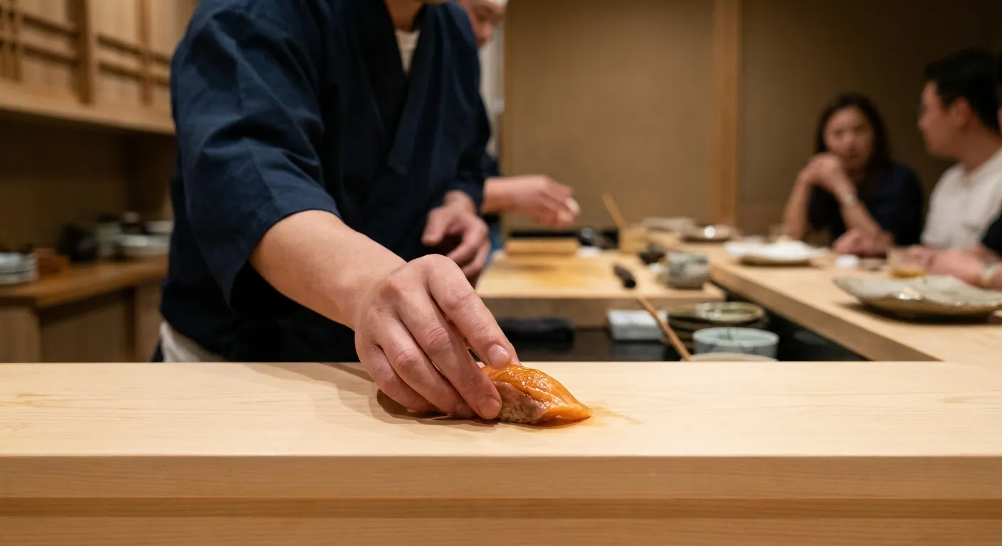 A sushi chef's hands placing nigiri on a pale wood counter in a softly lit omakase room