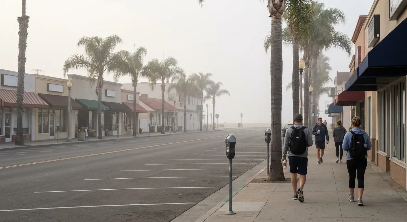 Main Street in Seal Beach with storefronts and palm trees on an early weekend morning
