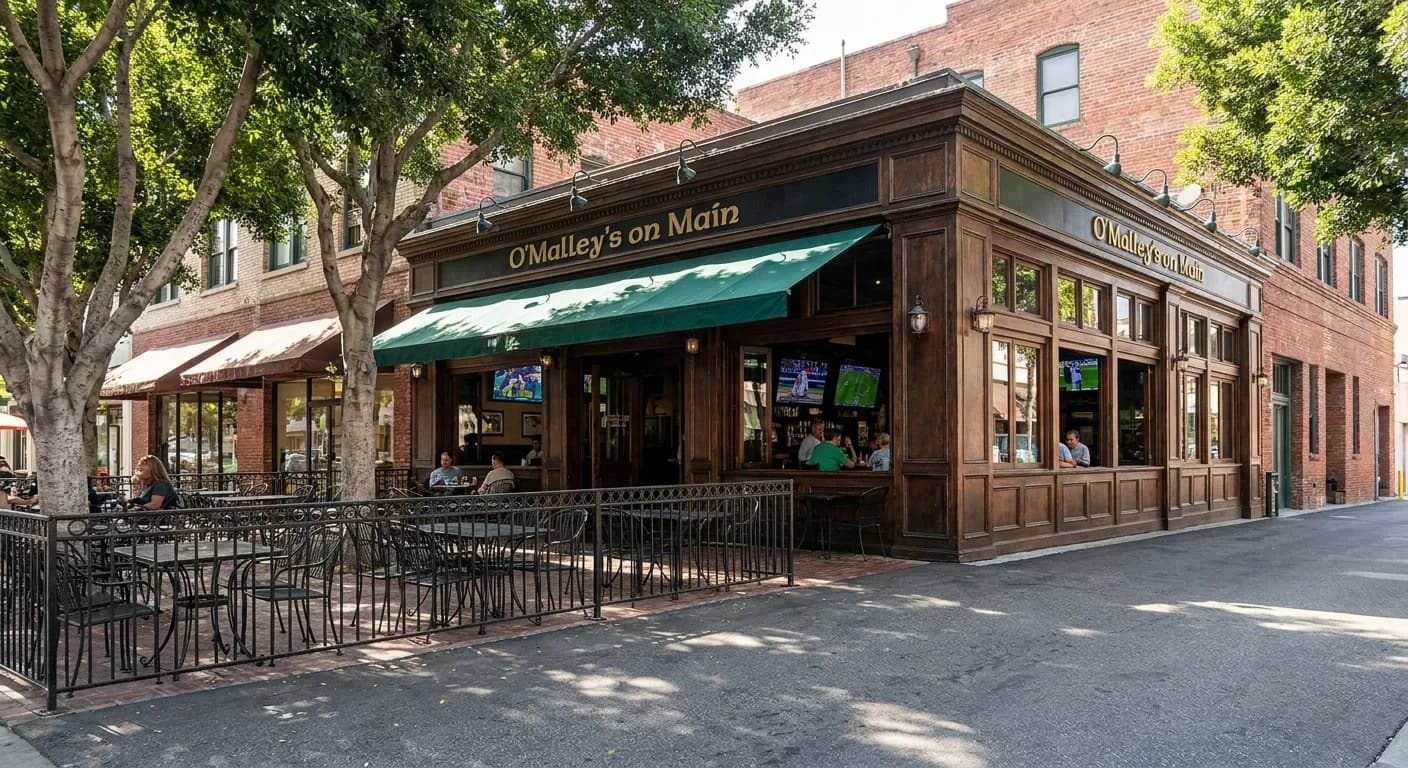 O'Malley's on Main Irish pub exterior on Main Street with outdoor patio seating