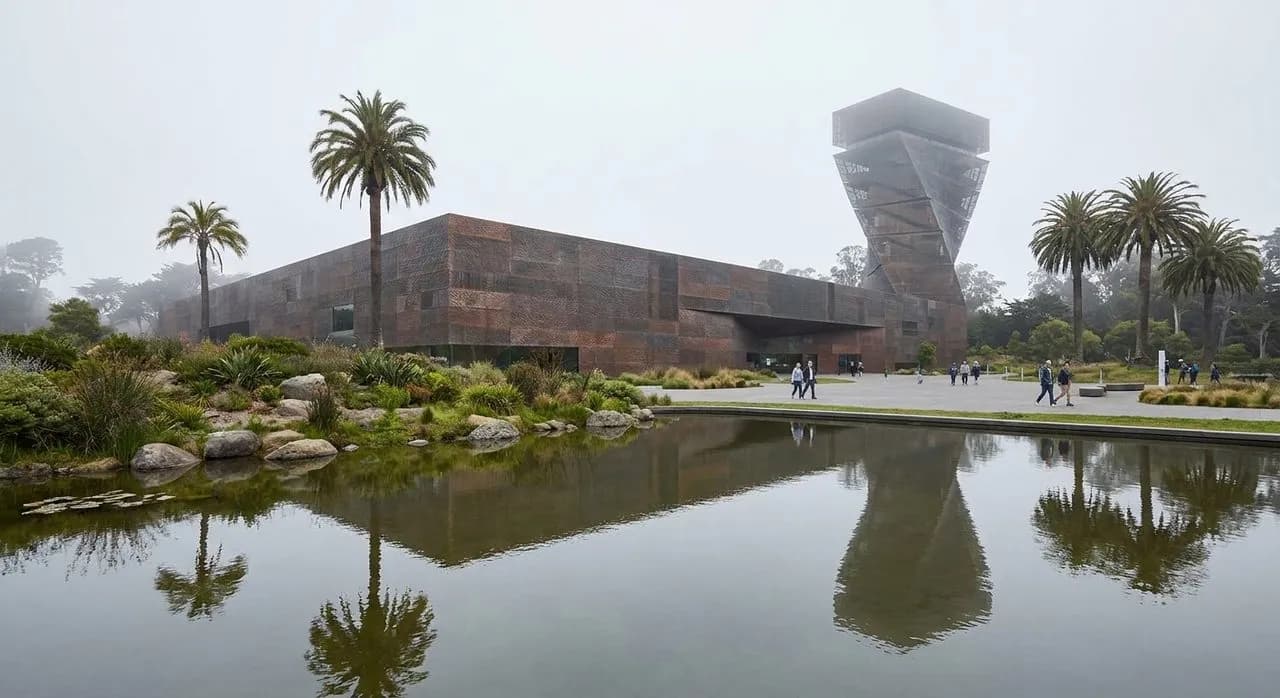 The de Young Museum rising over Golden Gate Park on a hazy San Francisco morning.