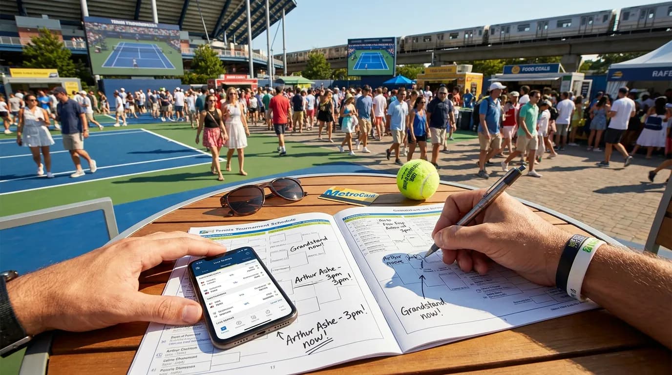 Photorealistic US Open tennis scene for Onsite Match-Hopping Without Missing the Biggest Moments.