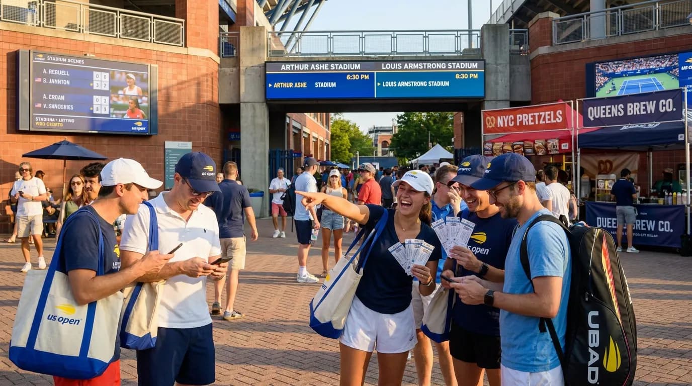 Bright US Open tennis atmosphere illustrating Onsite Match-Hopping Without Missing the Biggest Moments.