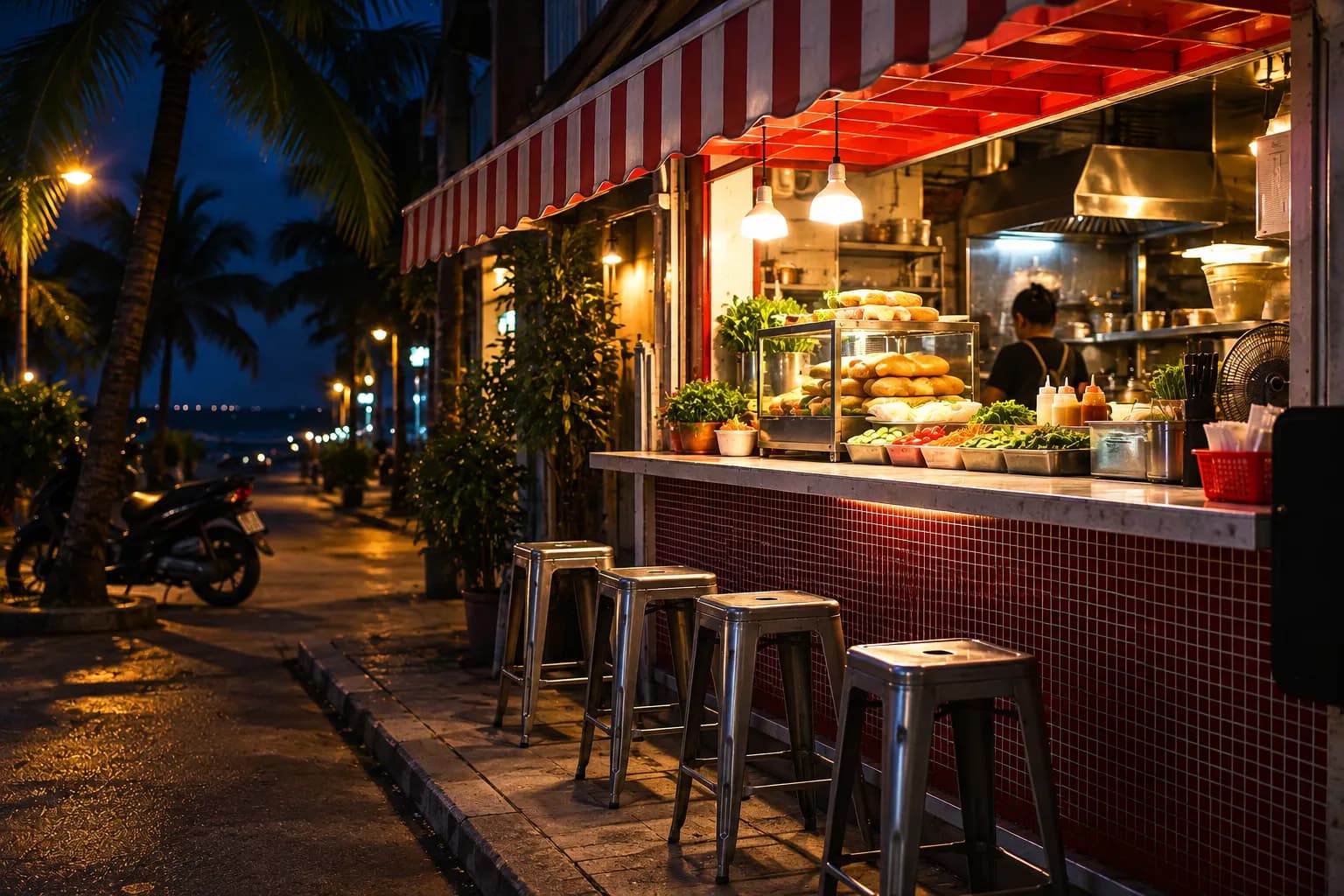 An outdoor sandwich counter with stools under an awning on a quiet street at night