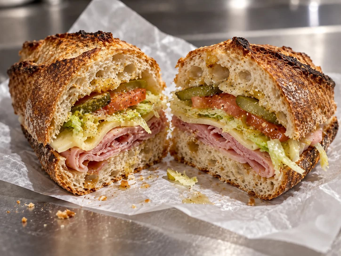 A baguette sandwich cut in half showing ham, cheese, lettuce, tomato and cornichons