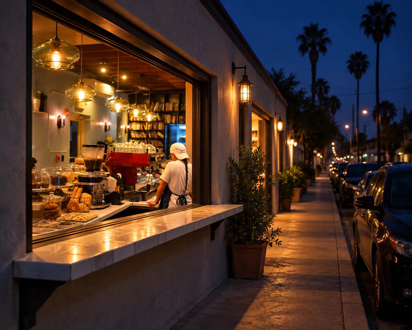 A lit walk-up coffee window on a street at night with a small crowd standing at it