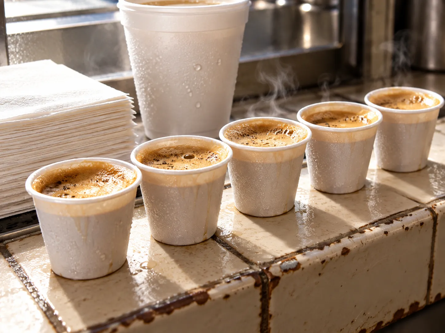 Small paper cups of dark Cuban coffee lined up on a tiled counter ledge