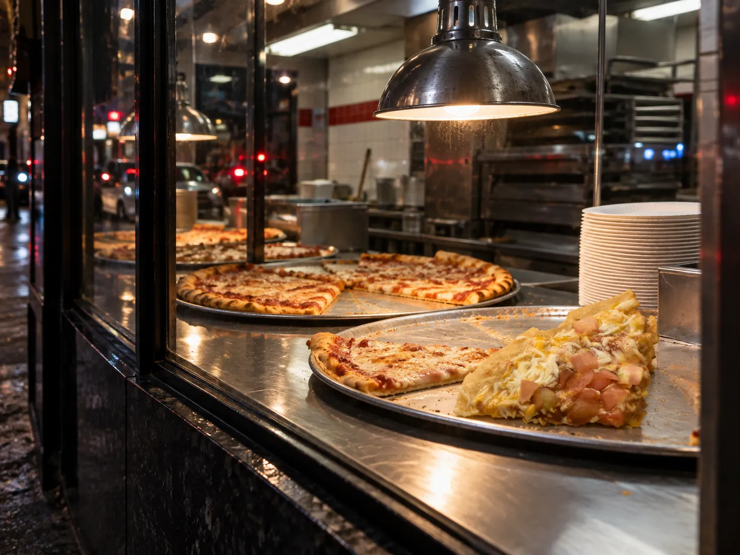 A brightly lit pizza counter at night seen from the street through a plate glass window