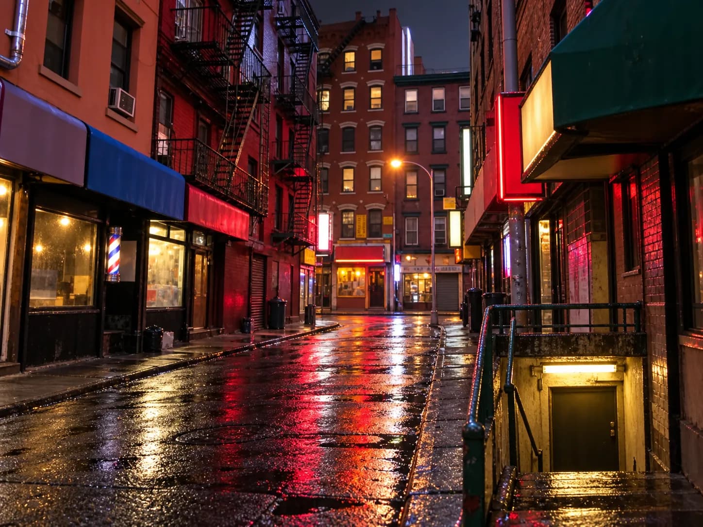 Steep stairs leading down from a narrow street to a basement restaurant entrance at night