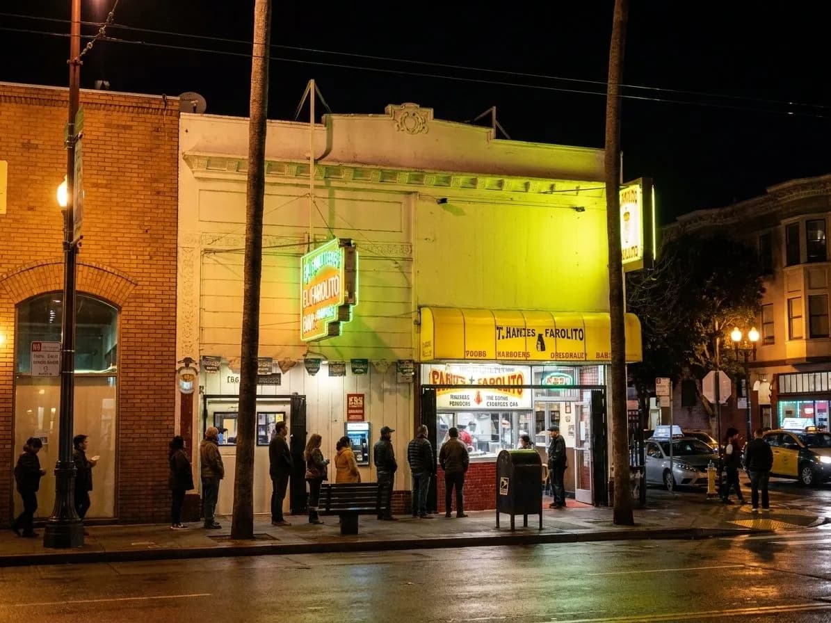 A late-night Mission taqueria exterior with a glowing sidewalk line
