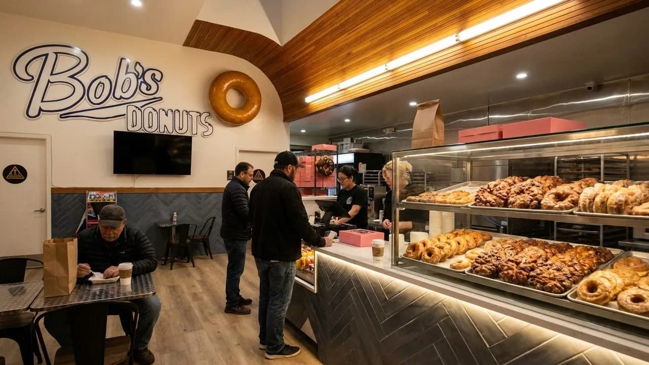 A late-night diner counter with coffee and breakfast plates