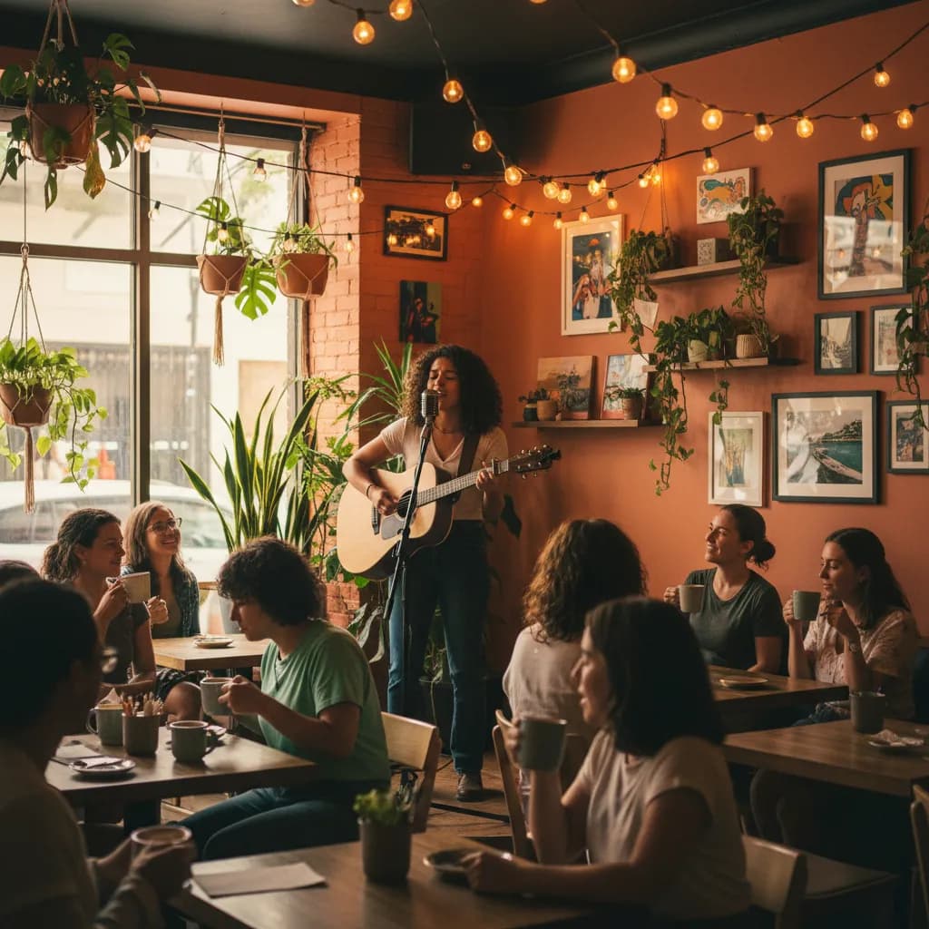 Singer with an acoustic guitar performing at a warmly lit Miami cafe open mic night
