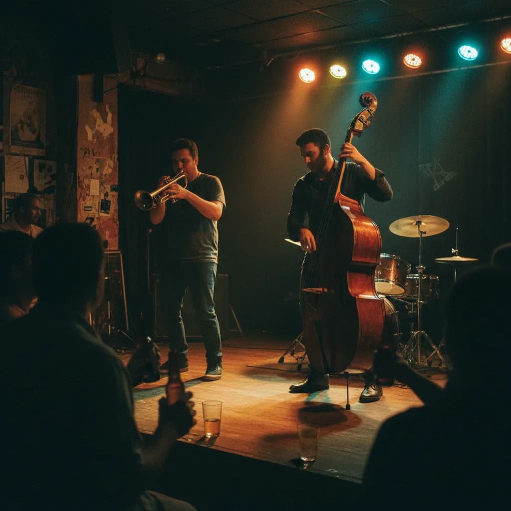 Horn player and upright bassist mid-song at a dimly lit Miami jazz jam session