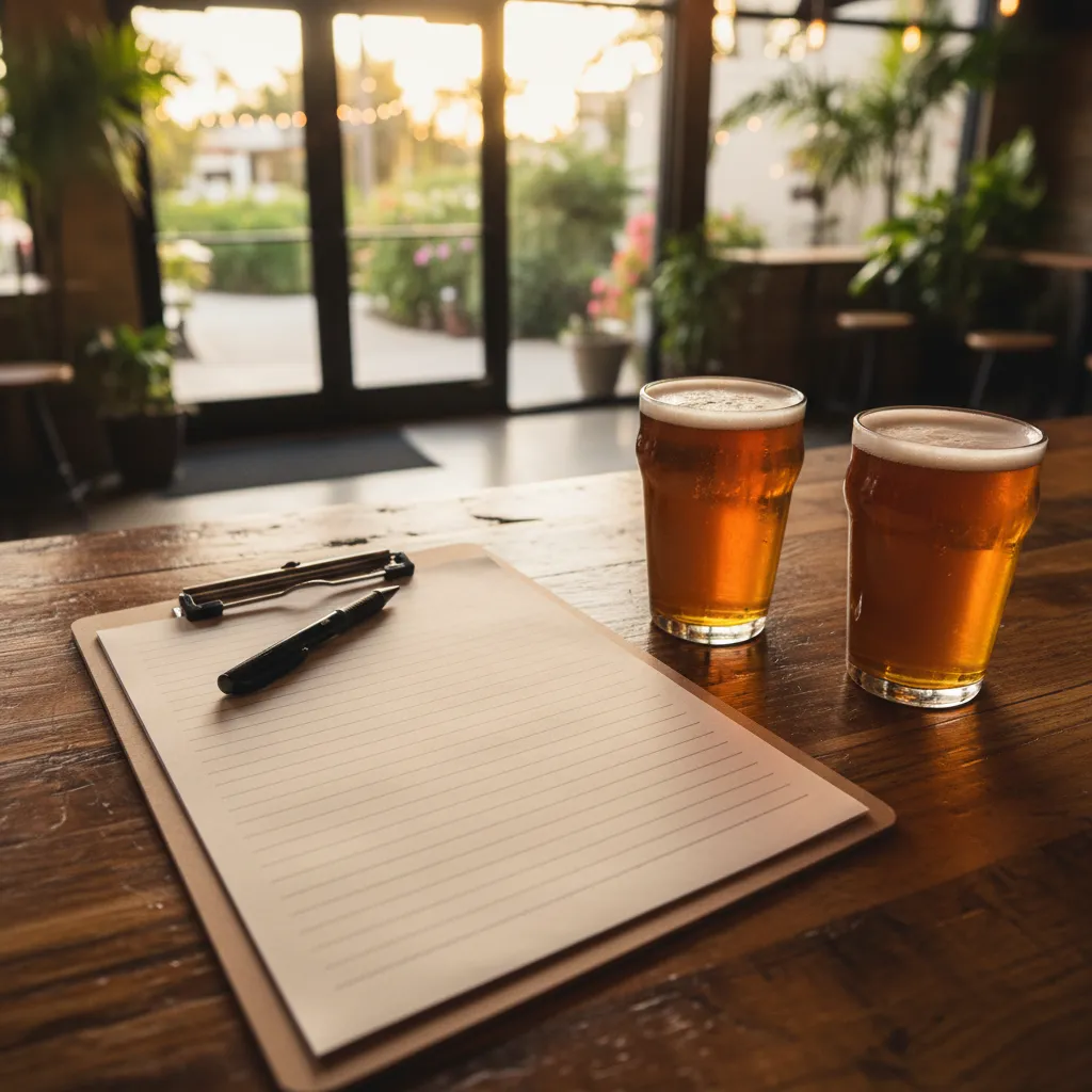 Open mic sign-up sheet and pen on a taproom bar counter with beer glasses and string lights