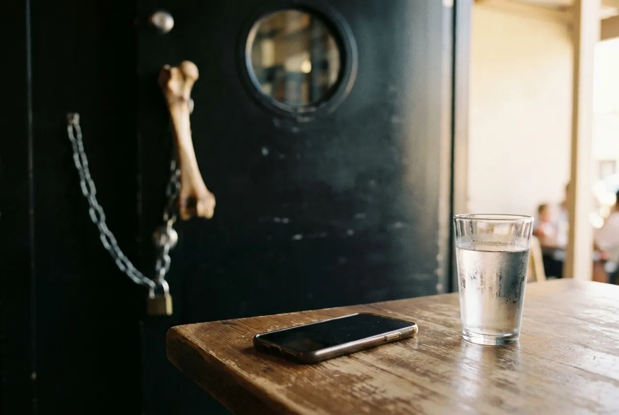 A phone screen face down on a restaurant table beside a water glass