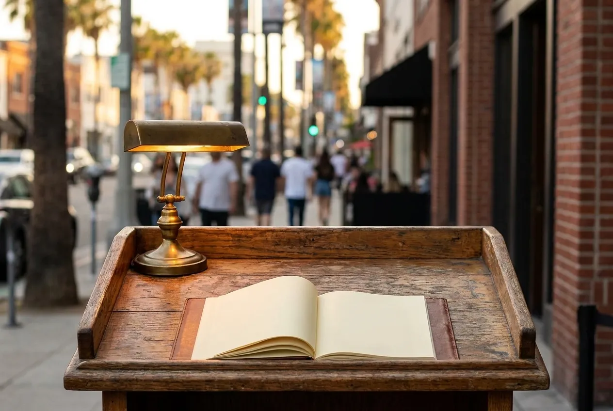 A reservation stand with a small lamp and a blank open book