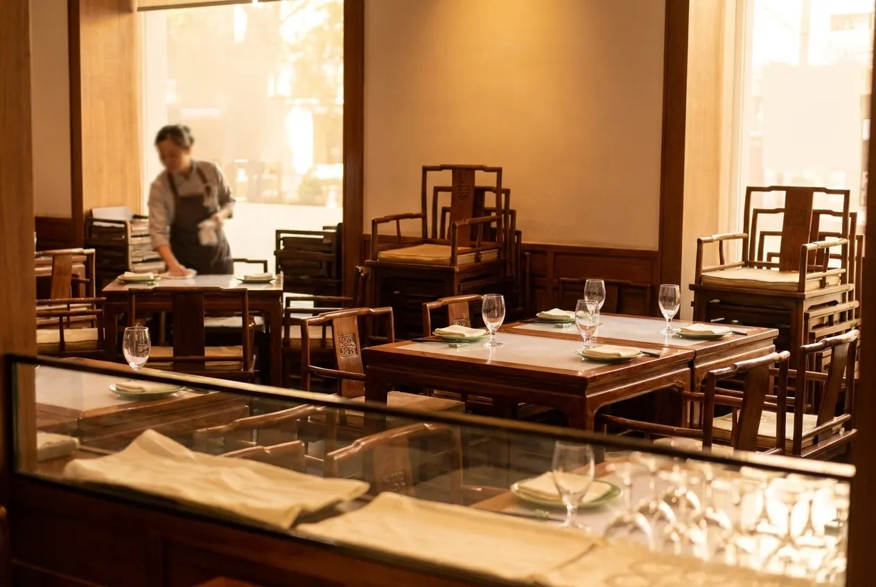 A restaurant dining room being set before service with chairs still stacked
