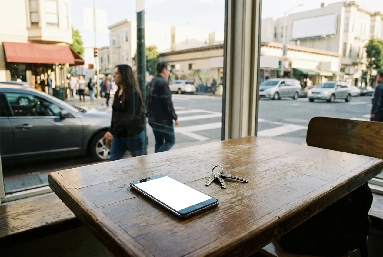 A phone showing a blank booking screen on a wooden table beside a set of keys