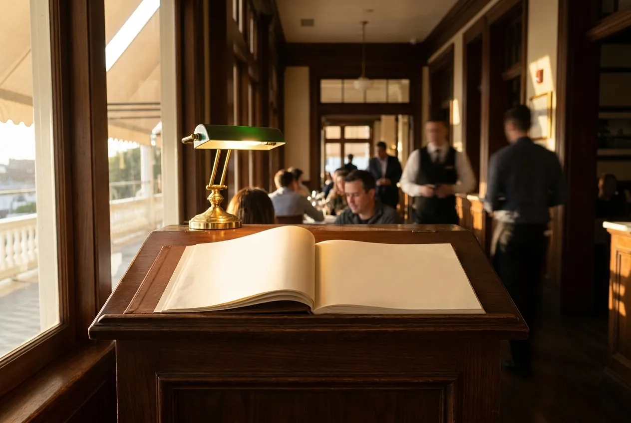 A restaurant host stand with a blank reservation book and a small lamp