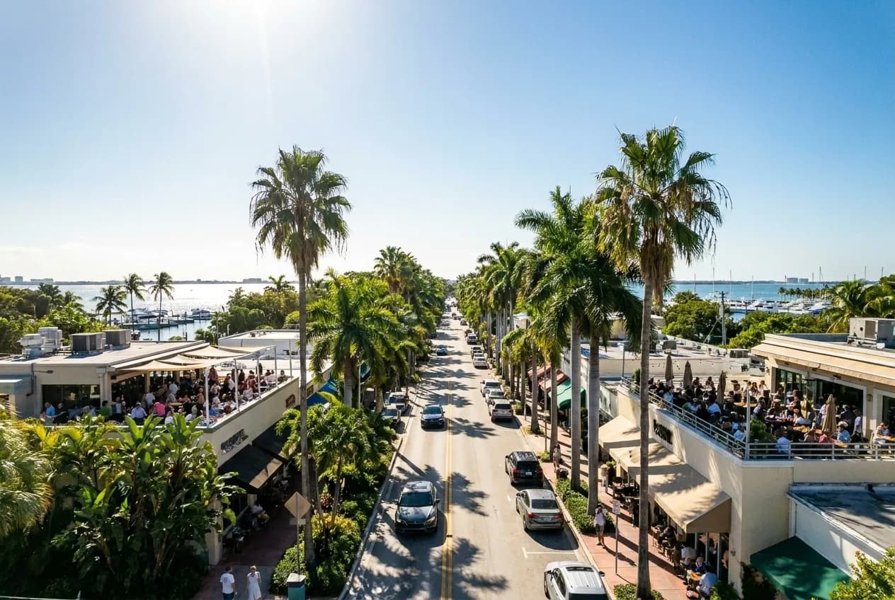 Wide view of Coconut Grove waterfront dining corridor at midday, rooftop terraces and low-rise buildings lining Main Highway under bright coastal sun