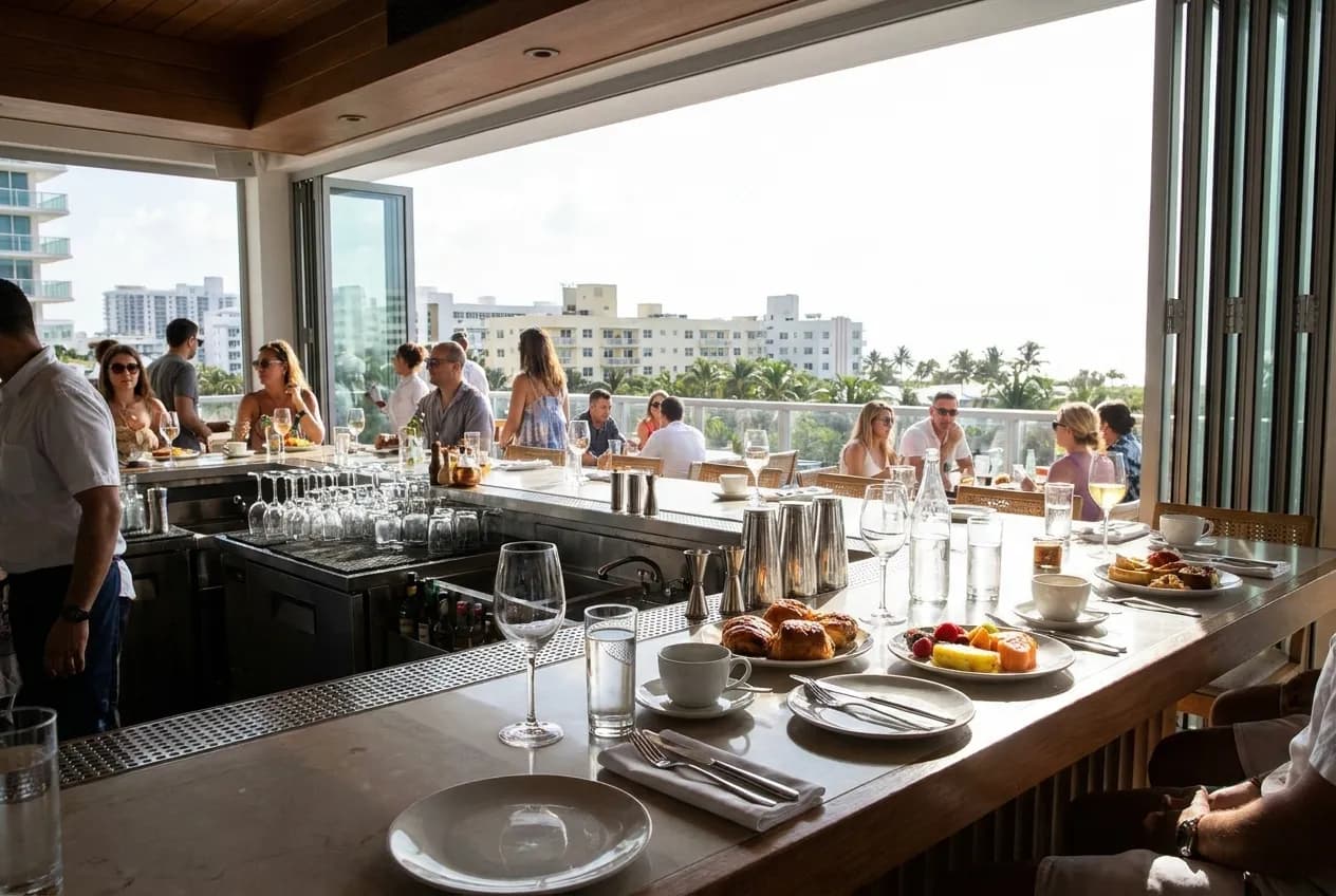 Open-air rooftop brunch table set with white linens and morning light reflecting off glassware, palm fronds visible above railing with Miami sky beyond