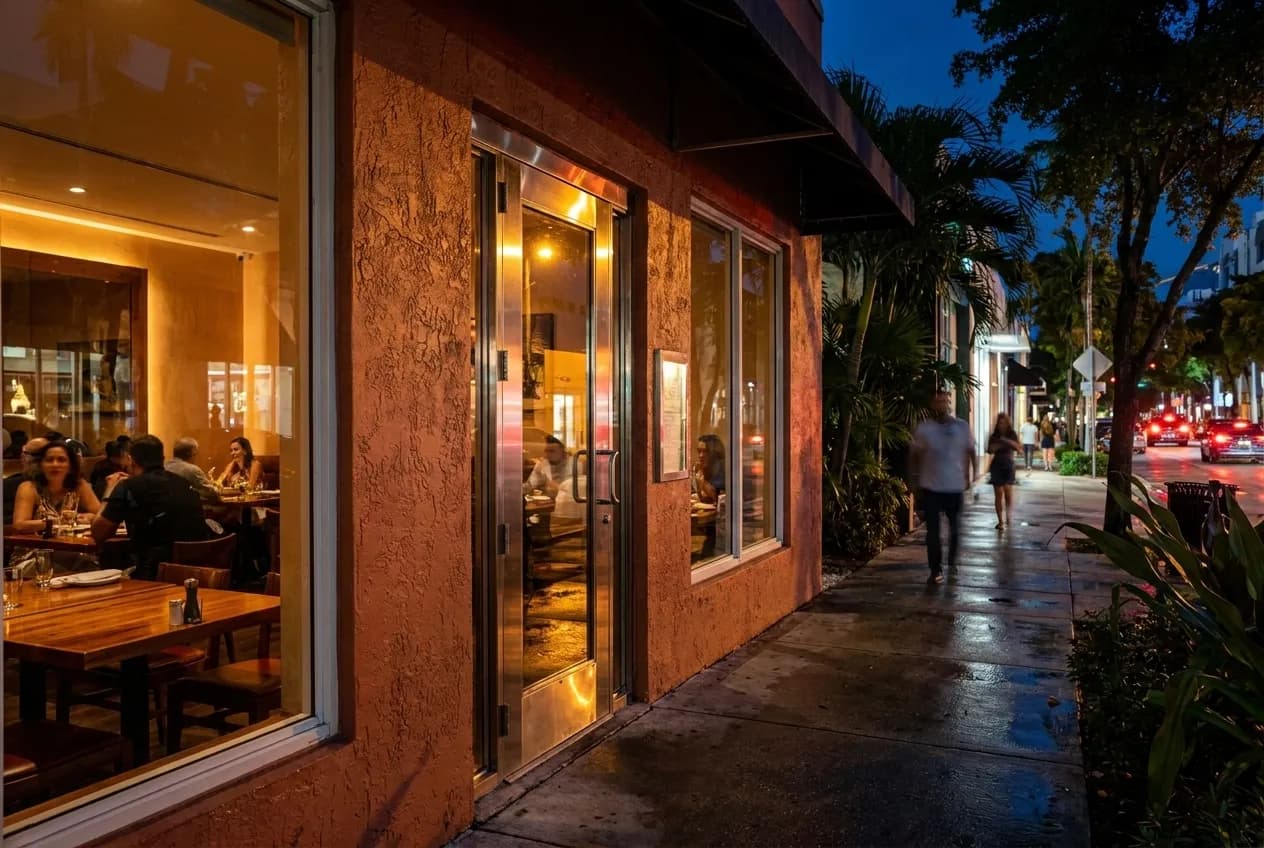 Evening exterior of Design District restaurant with warm interior lighting visible through floor-to-ceiling windows, street trees, and parked cars along curb.