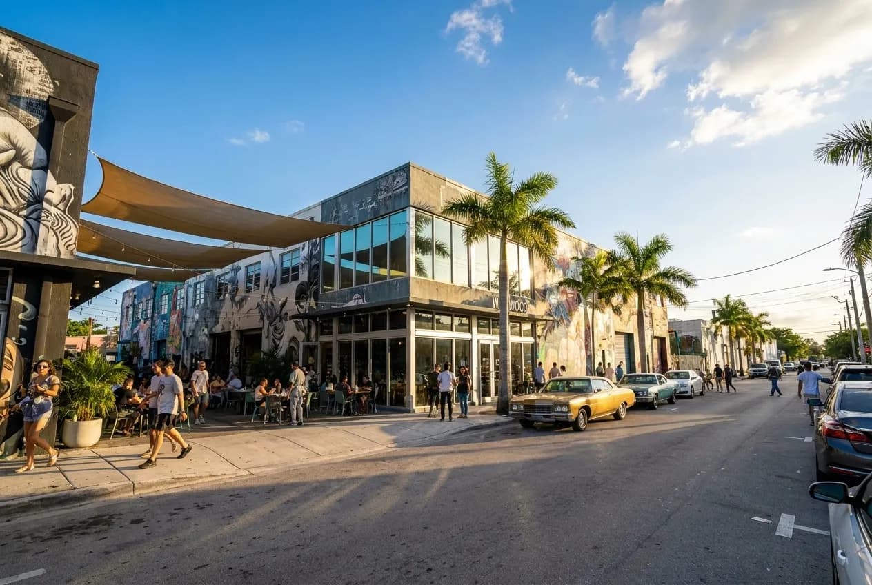 Bright afternoon sunlight across Wynwood street with low-rise warehouse facades, restaurant awnings, and pedestrians moving between storefronts under clear sky.