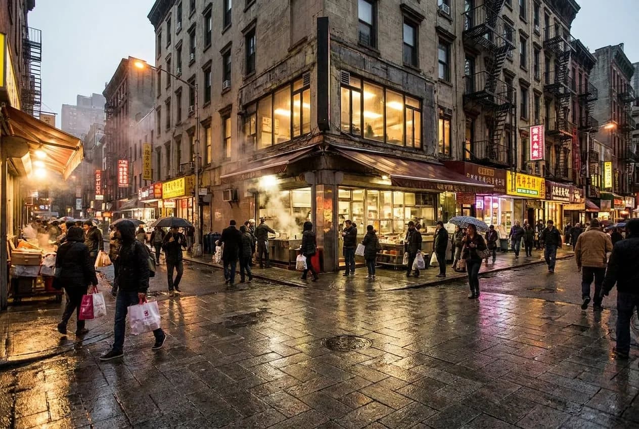 Wide Chinatown intersection at twilight showing Canal Street storefronts, tight restaurant frontages, and evening foot traffic under mixed signage and streetlights.