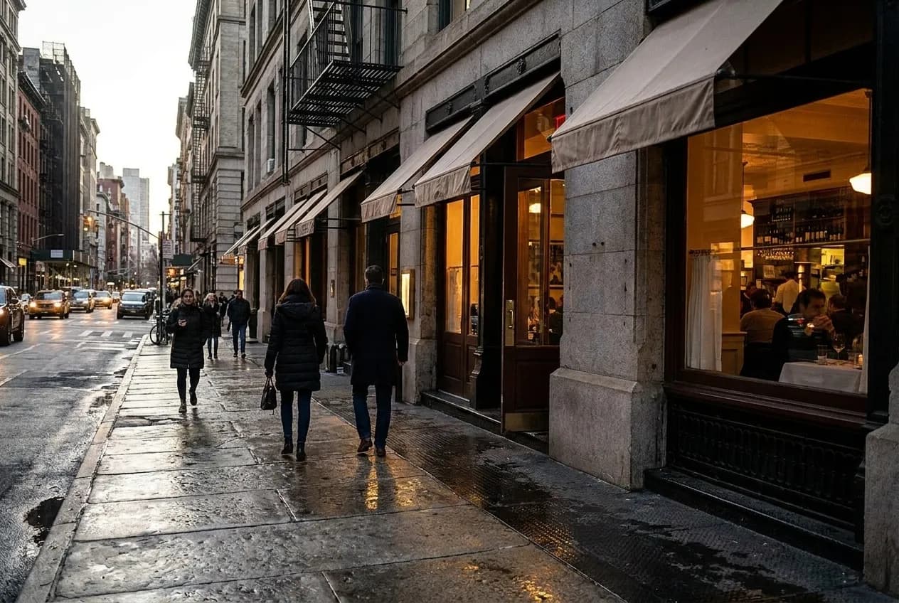 Narrow TriBeCa sidewalk at dusk with stone building facades, restaurant awnings, and pedestrians walking past modest entrances along Chambers Street.