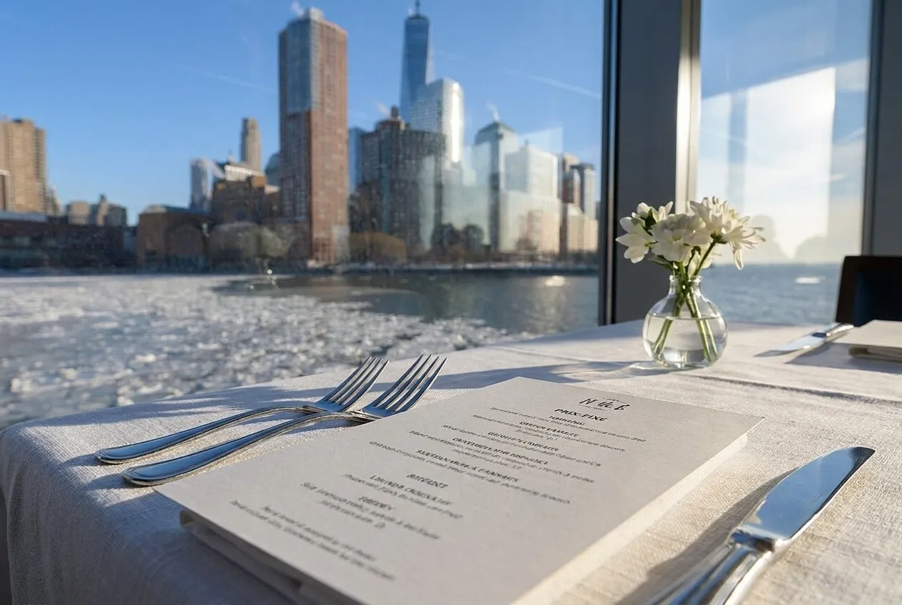 Close overhead view of a printed prix-fixe menu card on linen next to polished flatware and a small vase with a single stem on a white tablecloth