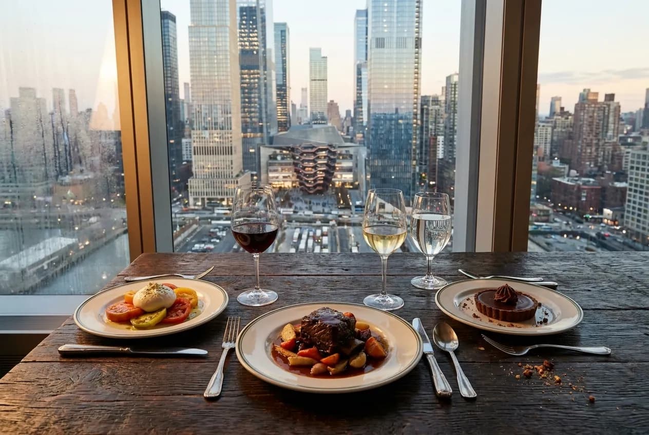 Three white plates on dark wood holding composed courses of seafood, vegetables, and garnish with wine glasses and silverware at a window table overlooking Manhattan at dusk