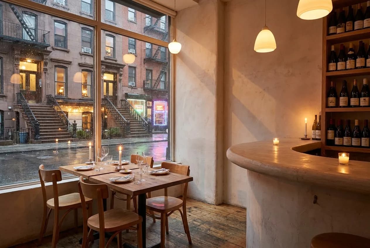 Candlelit two-top table near large front window in intimate restaurant dining room with pale walls, simple wood chairs, and wine bottles on shelves.