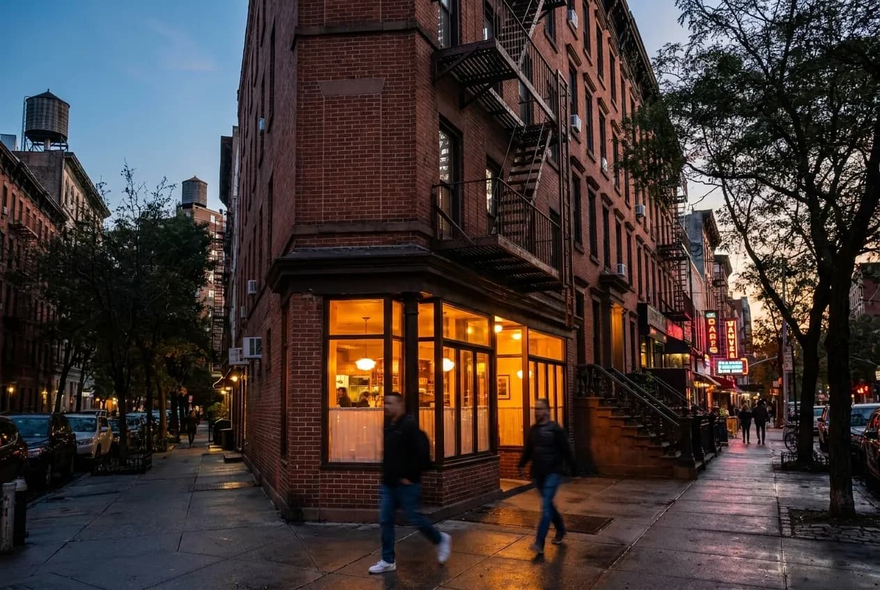 Narrow East Village brick walk-up at dusk with glowing ground-floor restaurant window, fire escape above, and pedestrians passing on quiet side street.
