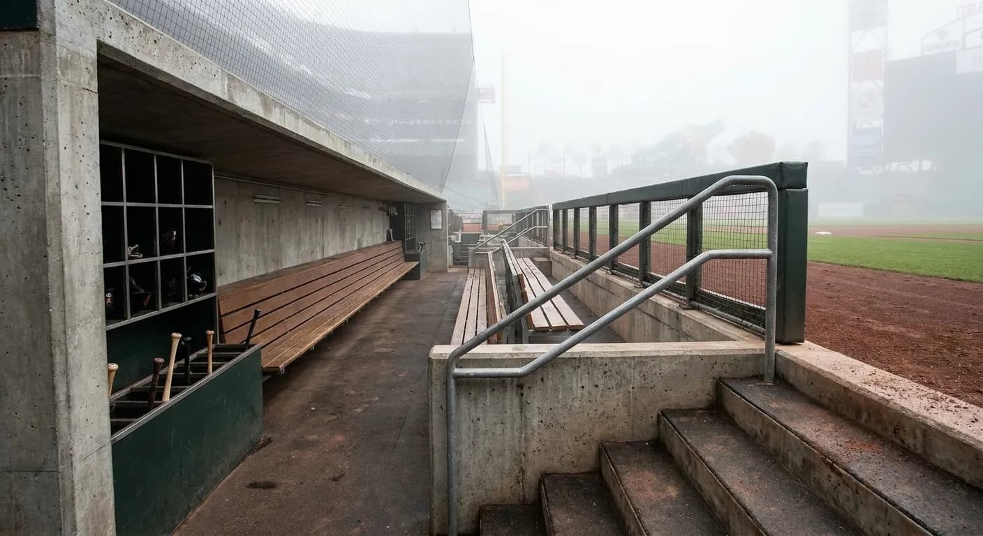 Oracle Park dugout with benches and bat racks, view toward the field and bay