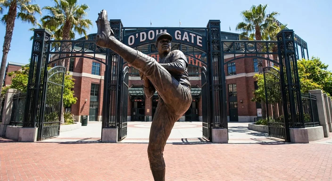 Bronze Juan Marichal statue outside Oracle Park's O'Doul Gate on 3rd Street