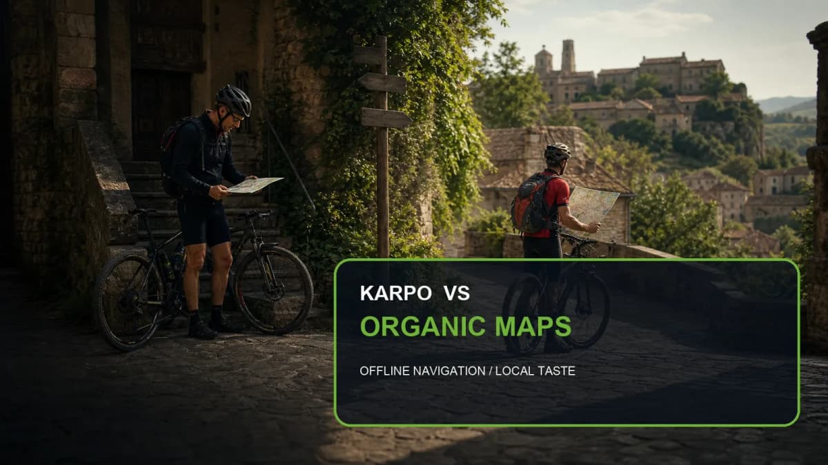 Karpo versus Organic Maps in a photorealistic editorial city comparison.