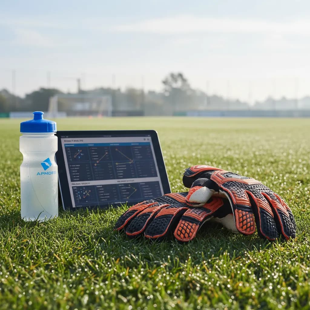Goalkeeper gloves next to a tablet showing penalty analysis on a training pitch