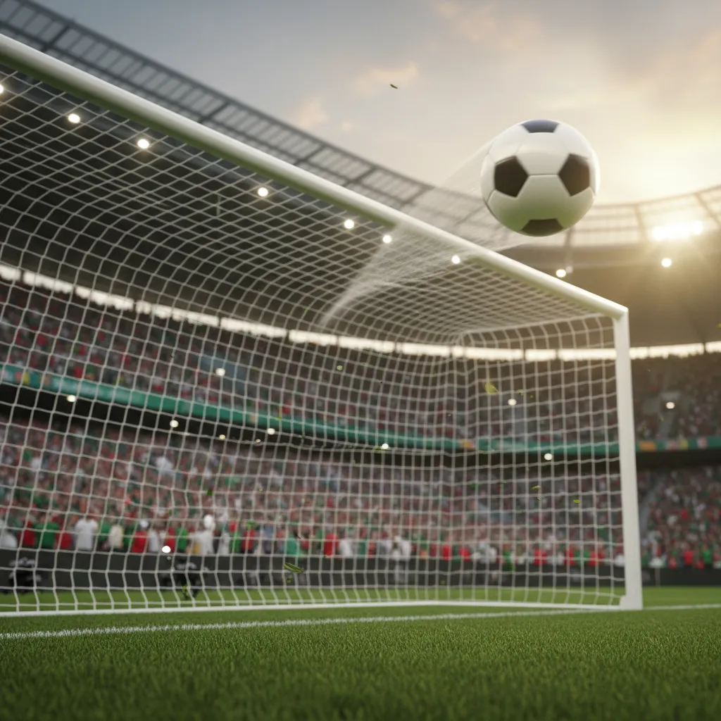 A soccer ball curls through the air toward the top corner of the goal