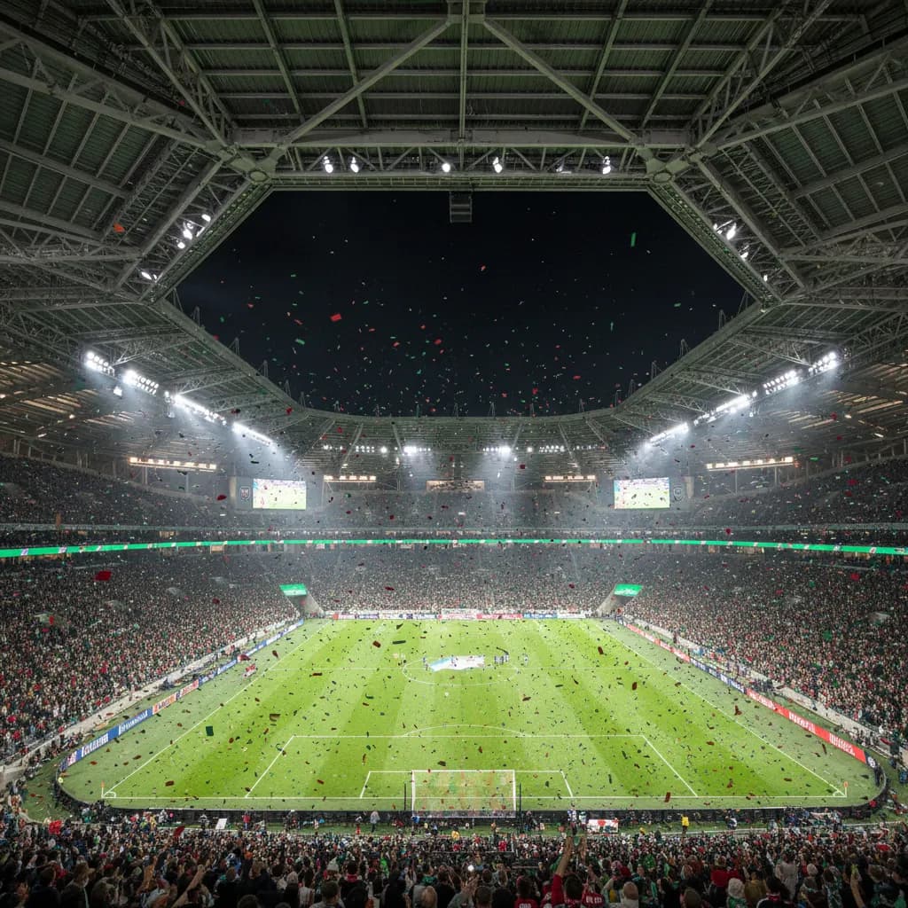 A soccer ball curls through the air toward the top corner of the goal