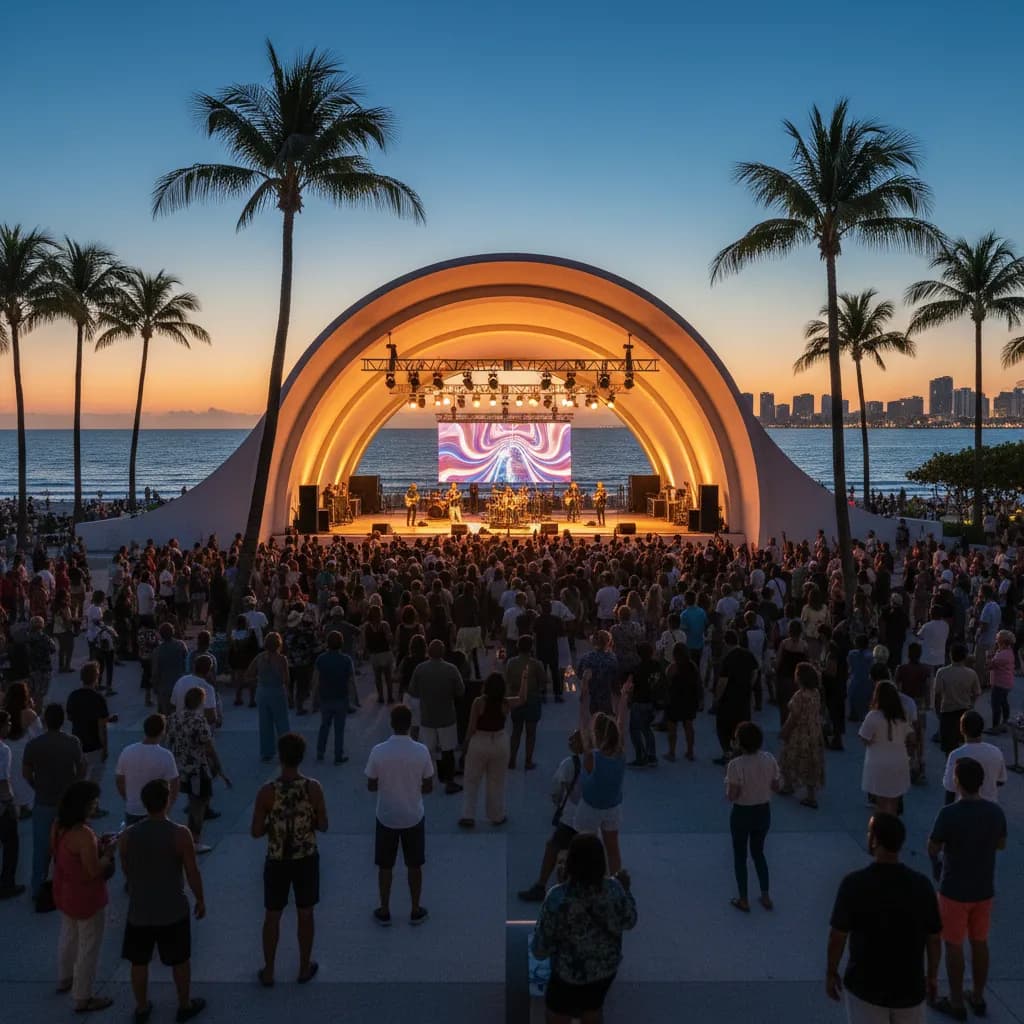 Crowd watching an evening concert at an open-air bandshell under palm trees in Miami