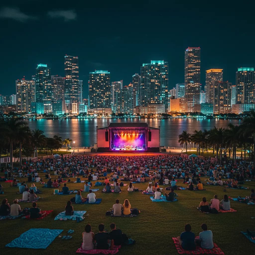 Amphitheater lawn at dusk with concertgoers on blankets and a lit stage in the distance
