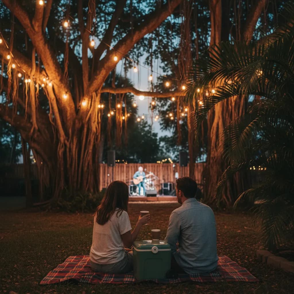 Couple on a picnic blanket with a cooler watching a small outdoor stage under string-lit trees at night
