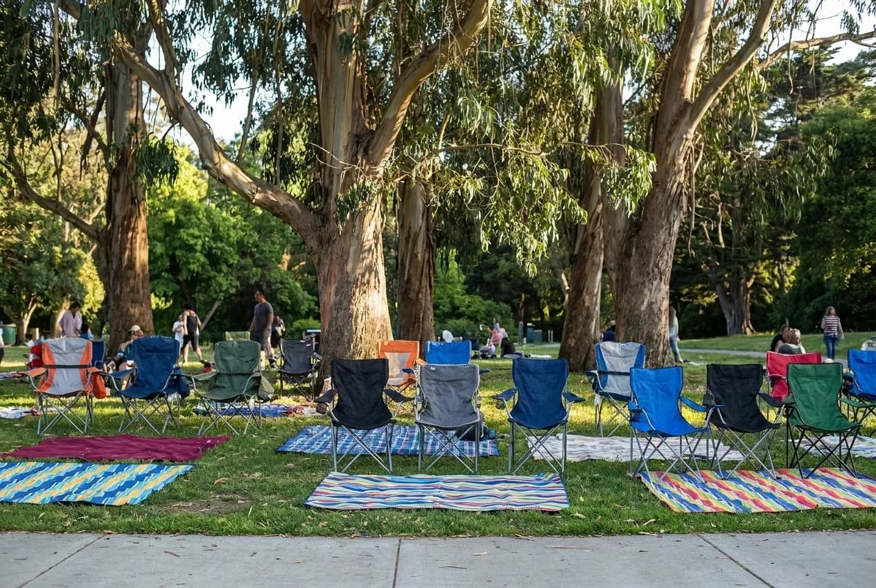Folding chairs and picnic blankets spread across grass under eucalyptus trees