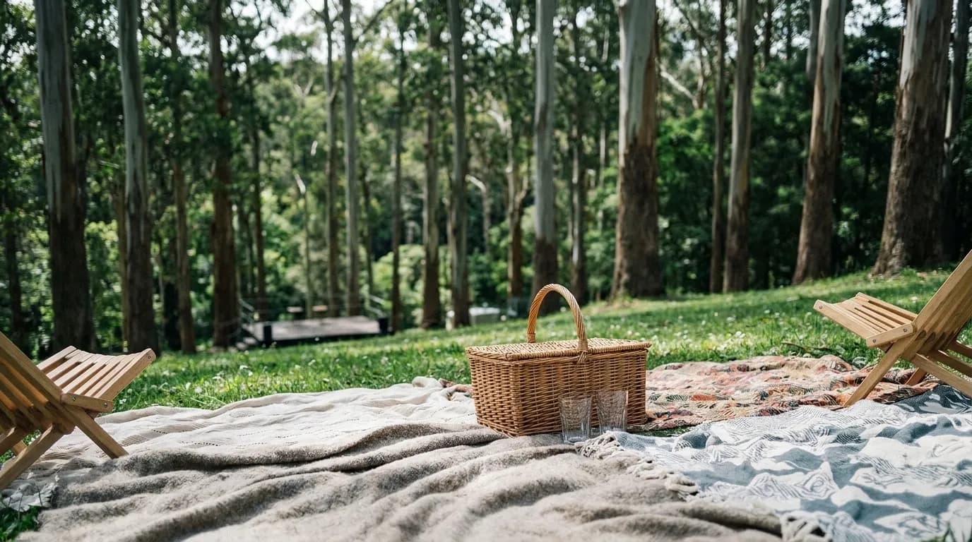 A close view of picnic blankets and folding chairs on a sloping grass lawn under tall eucalyptus trees, a wicker basket and glasses in the foreground with an out-of-focus stage below