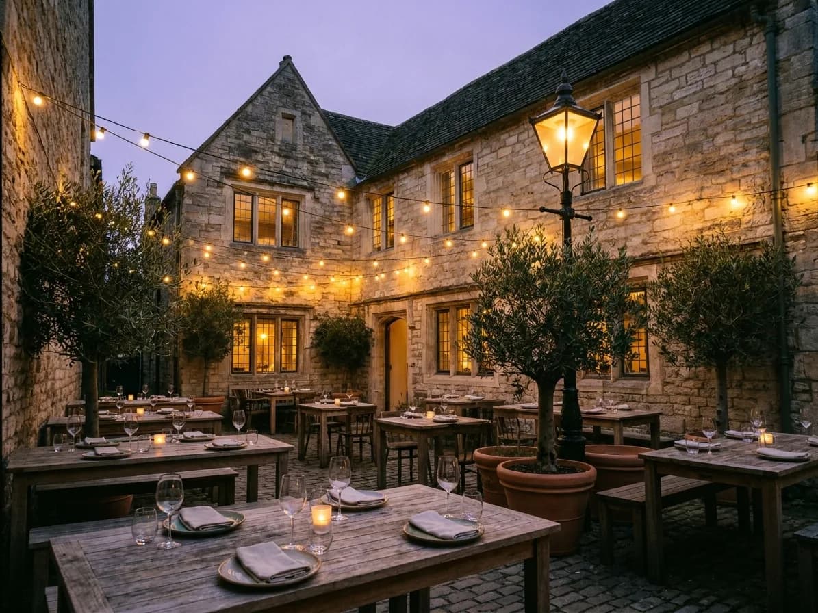 A restaurant courtyard at dusk with string lights and olive trees